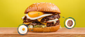 A burger with graphics highlighting the egg and burger patty.